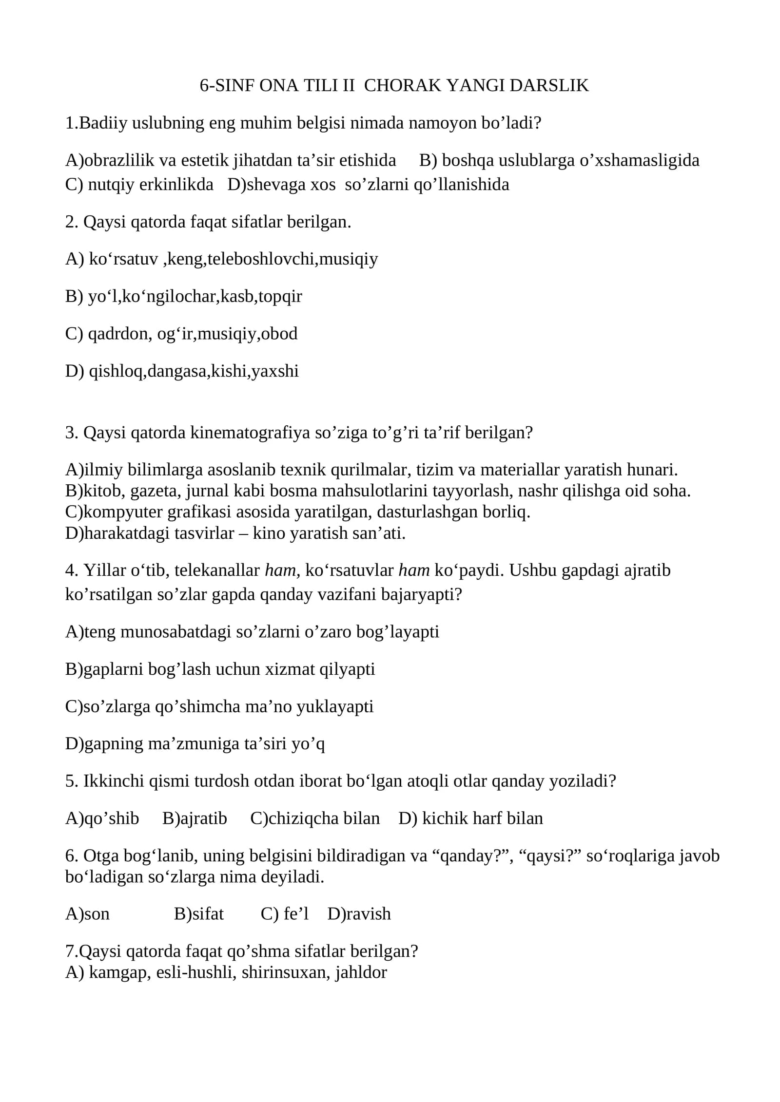6-SINF ONA TILI II CHORAK YANGI DARSLIK