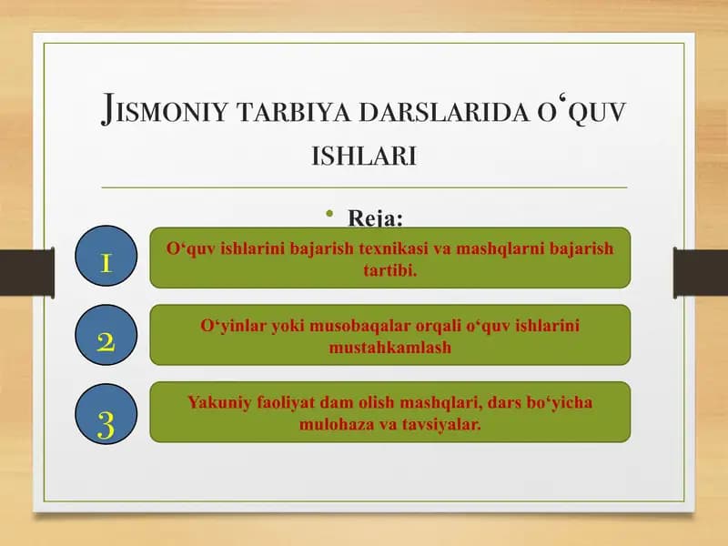 Jismoniy tarbiya darslarida o‘quv ishlari