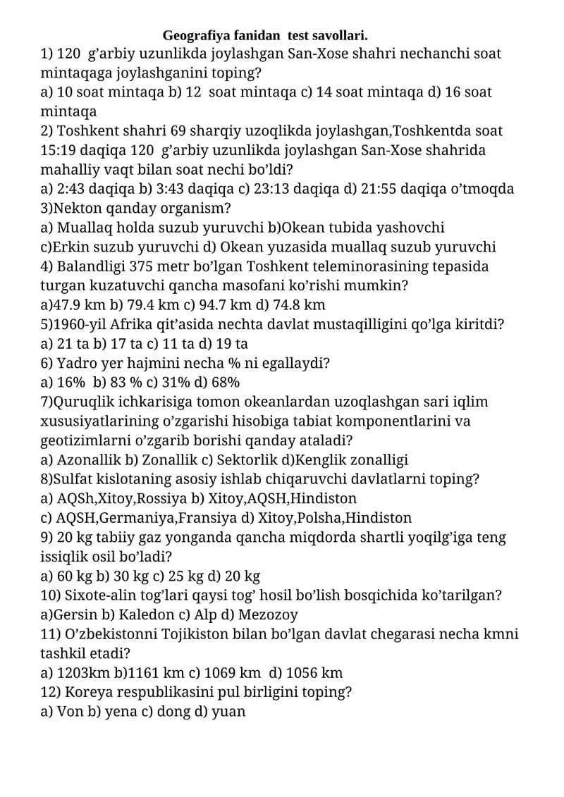 Geografiya fanidan test savollari