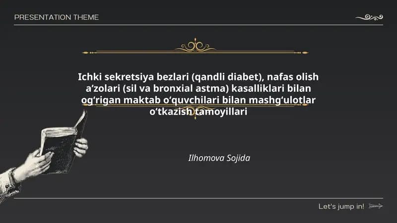 Ichki sekretsiya bezlari (qandli diabet), nafas olish aʼzolari (sil va bronxial astma) kasalliklari bilan ogʻrigan maktab oʻquvchilari bilan mashgʻulotlar oʻtkazish tamoyillari