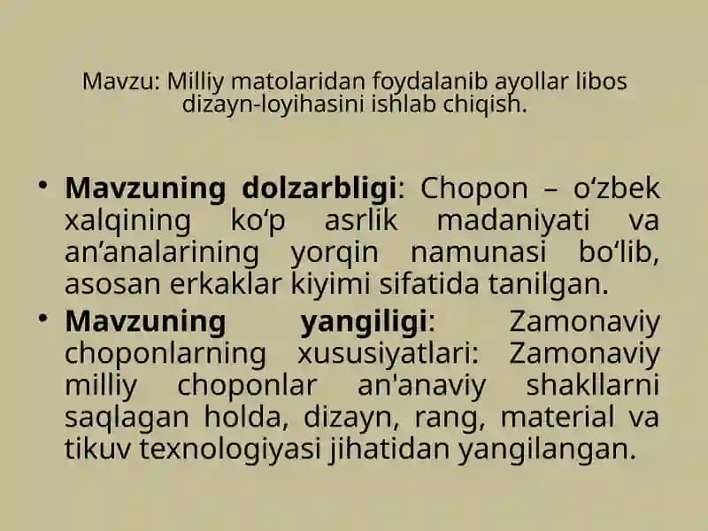 Milliy matolaridan foydalanib ayollar libos dizayn-loyihasini ishlab chiqish