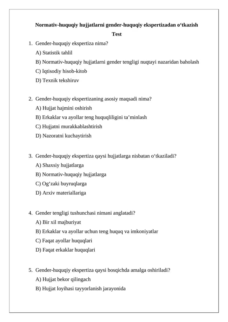 Gender-huquqiy ekspertizadan o‘tkazish