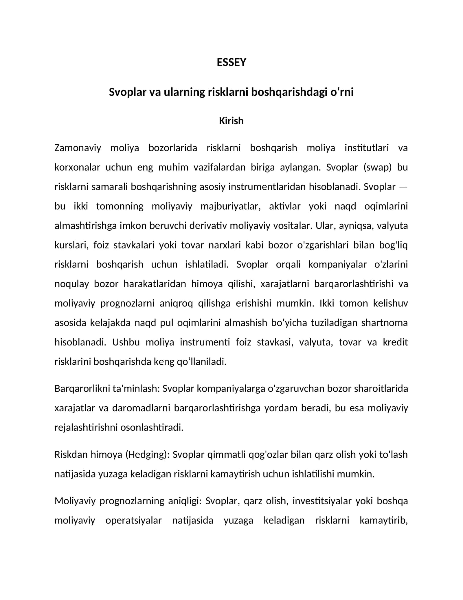 Svoplar va ularning risklarni boshqarishdagi o‘rni