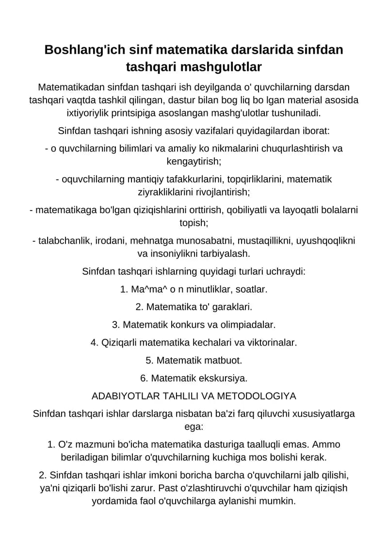 Sinfdan tashqari matematika mashg'ulotlari