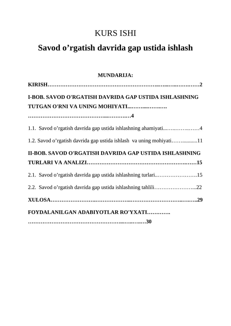 Savod o’rgatish davrida gap ustida ishlash