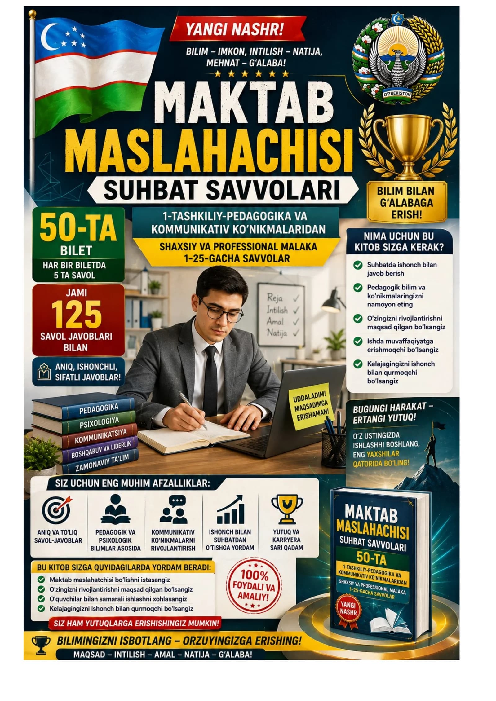 Maktab maslaxatchisi suxbat savollari 200 ta bilet. Jami 1000 ta savol javoblari bilan