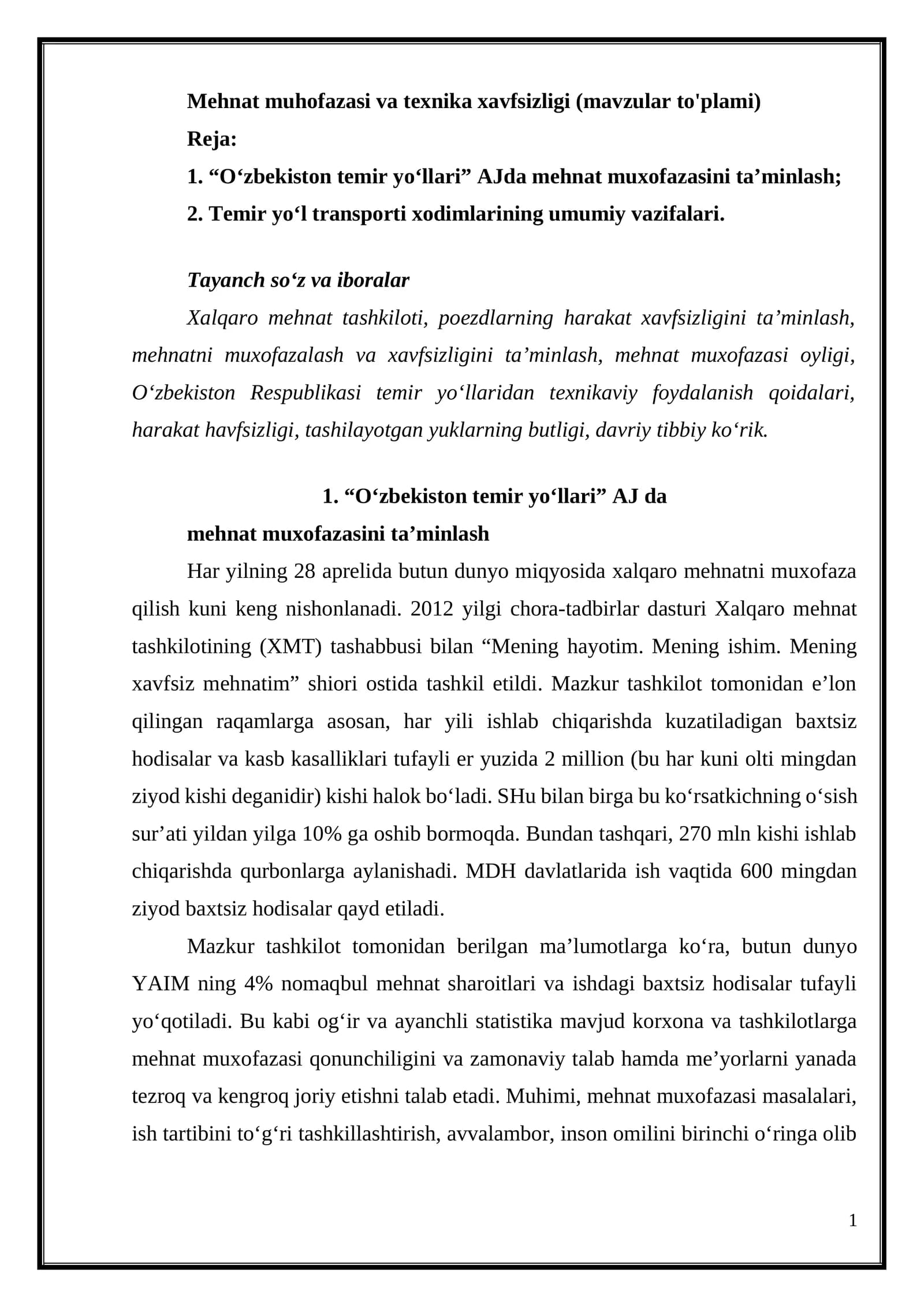 Mehnat muhofazasi va texnika xavfsizligi (mavzular to'plami)
