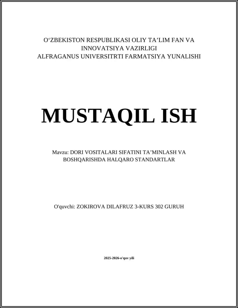 DORI VOSITALARI SIFATINI TA’MINLASH VA BOSHQARISHDA HALQARO STANDARTLAR