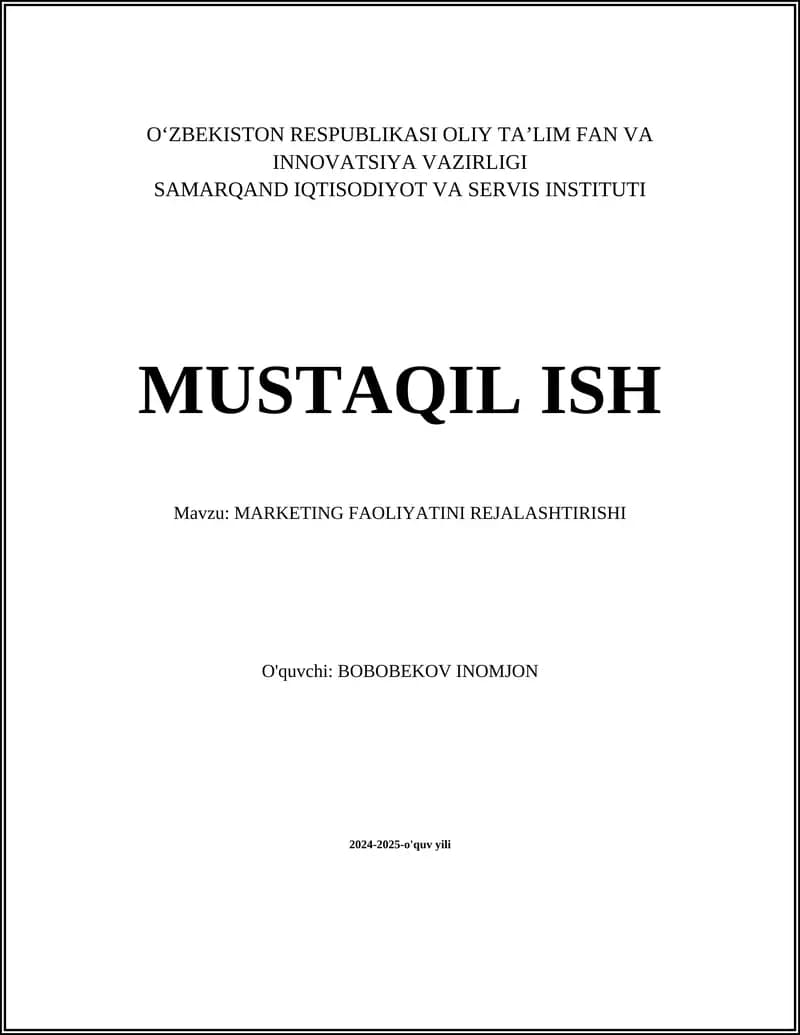 MARKETING FAOLIYATINI REJALASHTIRISHI