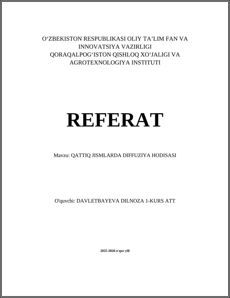 QATTIQ JISMLARDA DIFFUZIYA HODISASI