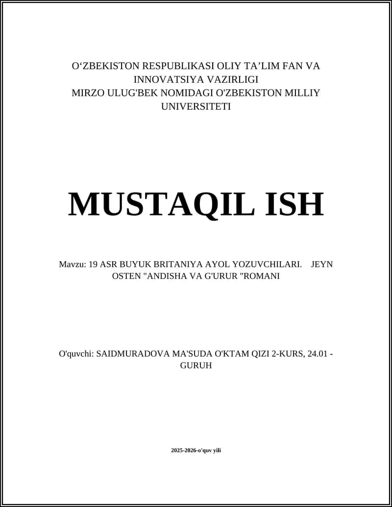 "ANDISHA VA G'URUR" ROMANI