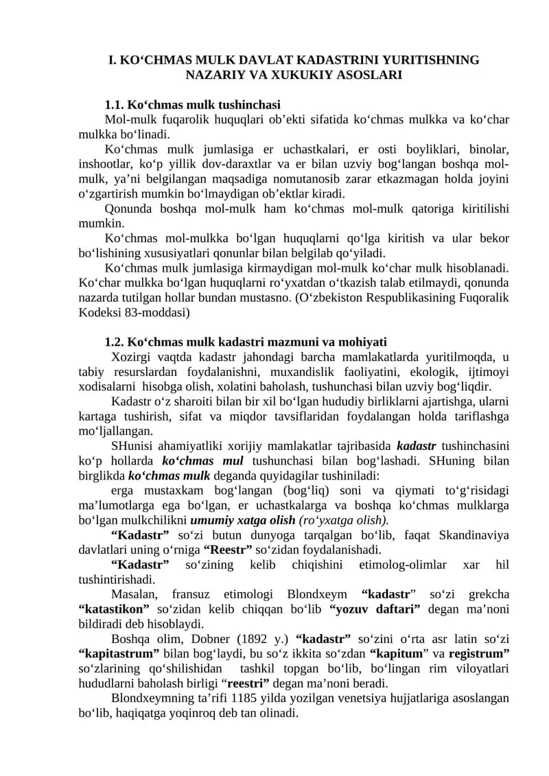 Ko‘chmas mulk davlat kadastrini yuritishning nazariy va xukukiy asoslari
