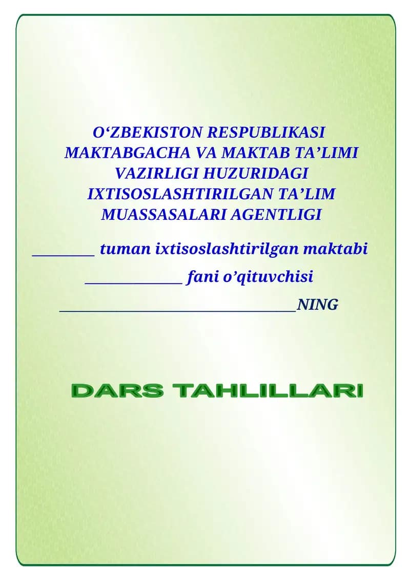 DARS TAHLIL daftar betlik Ixtisoslashtirilgan makatablar uchun