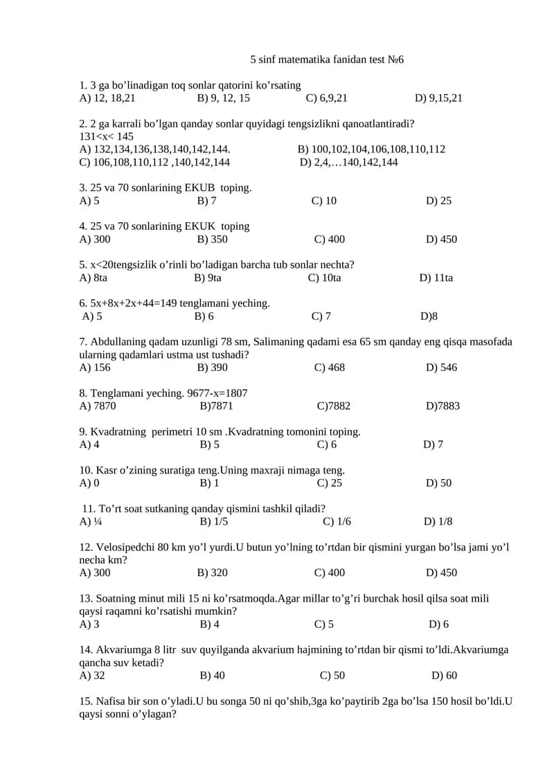 5-SINF UCHUN MATEMATIKADAN TEST