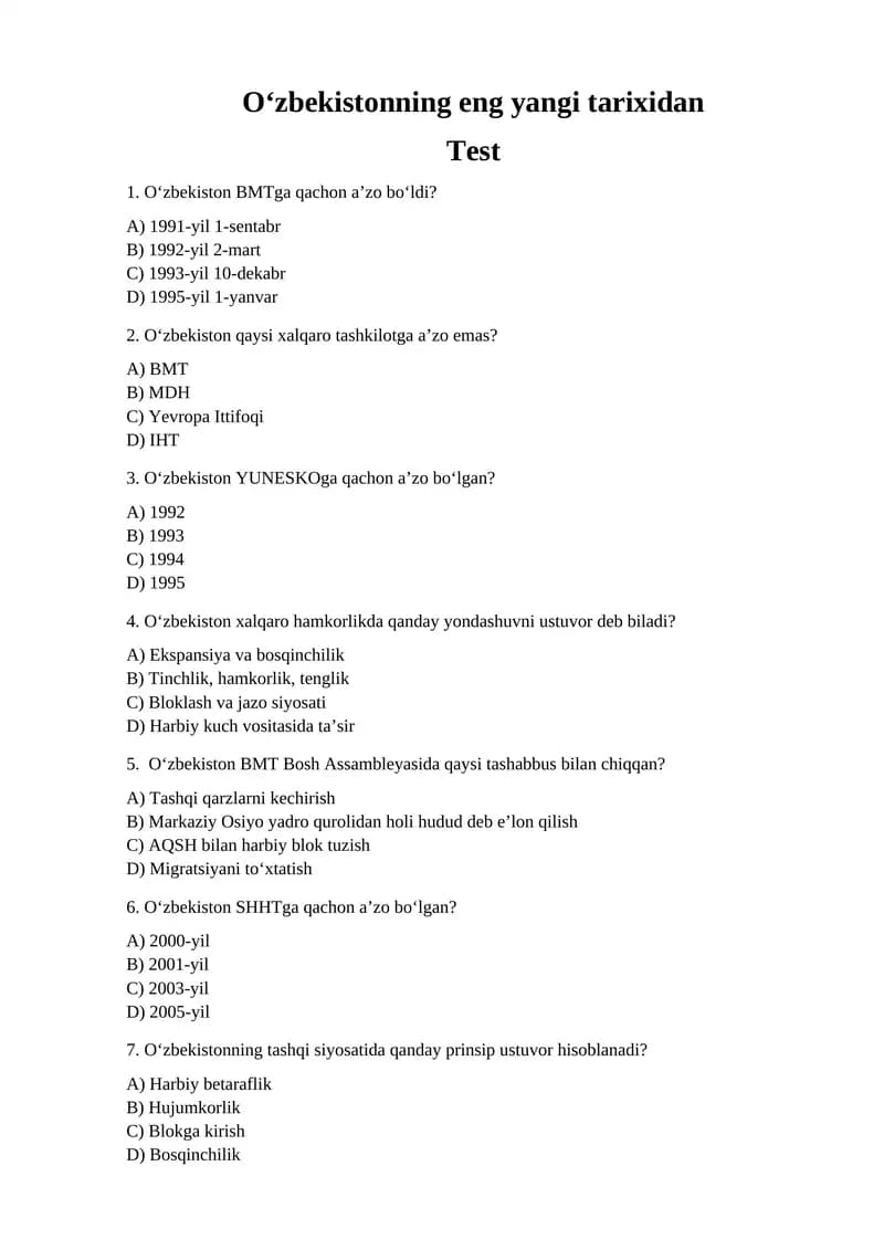 O‘zbekistonning eng yangi tarixidan Test
