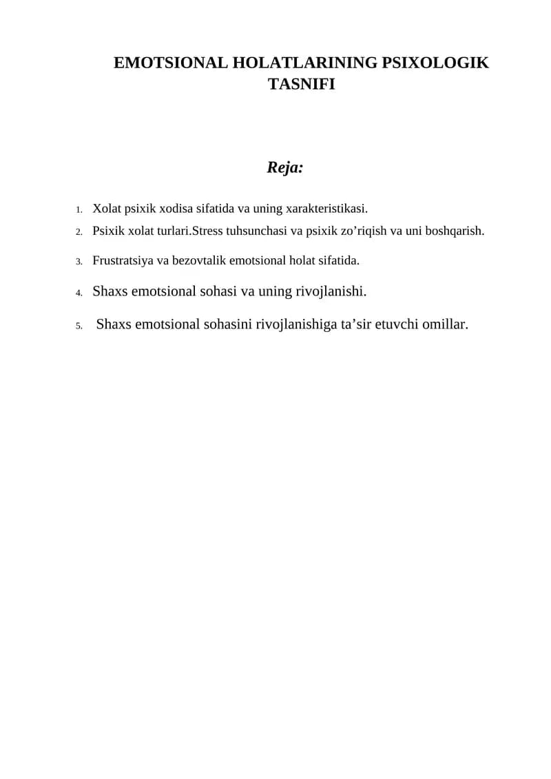 EMOTSIONAL HOLATLARINING PSIXOLOGIK TASNIFI