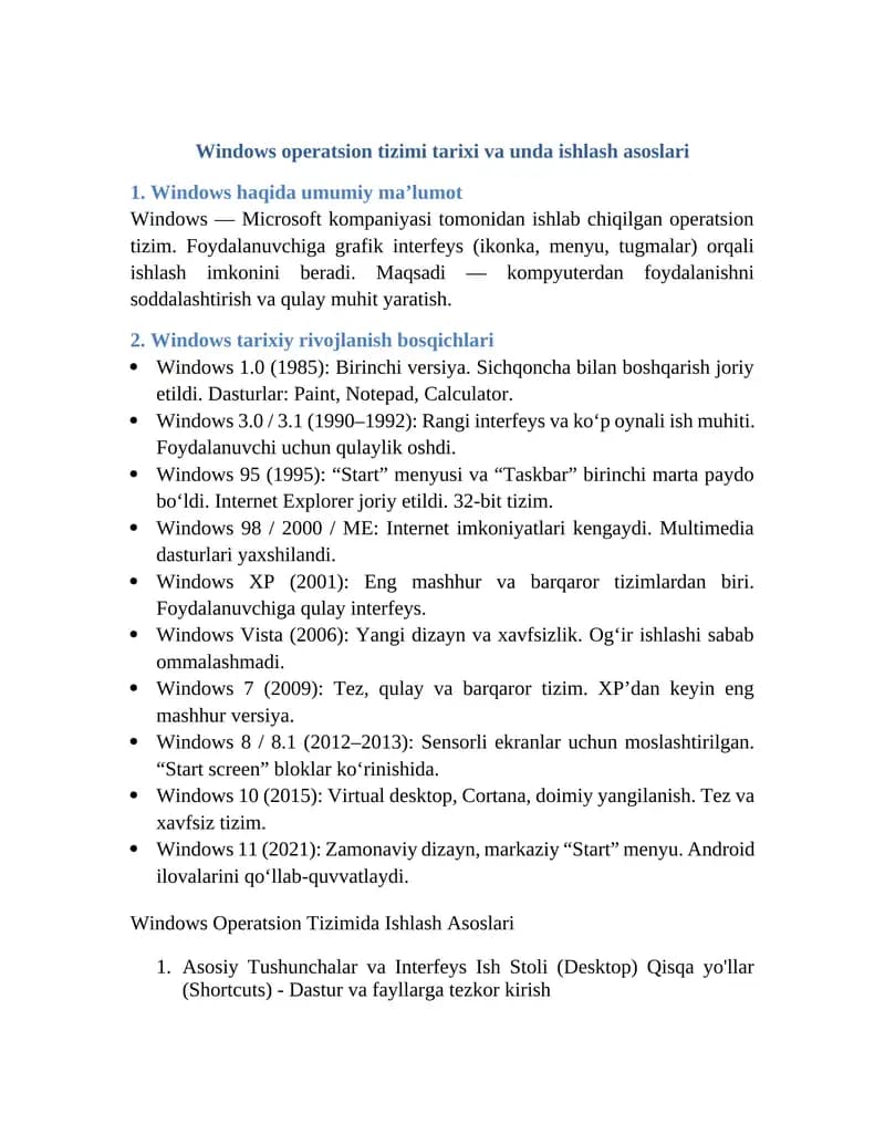 Windows operatsion tizimi tarixi va unda ishlash asoslari