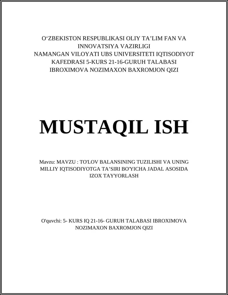 To'lov Balansining Tuzilishi