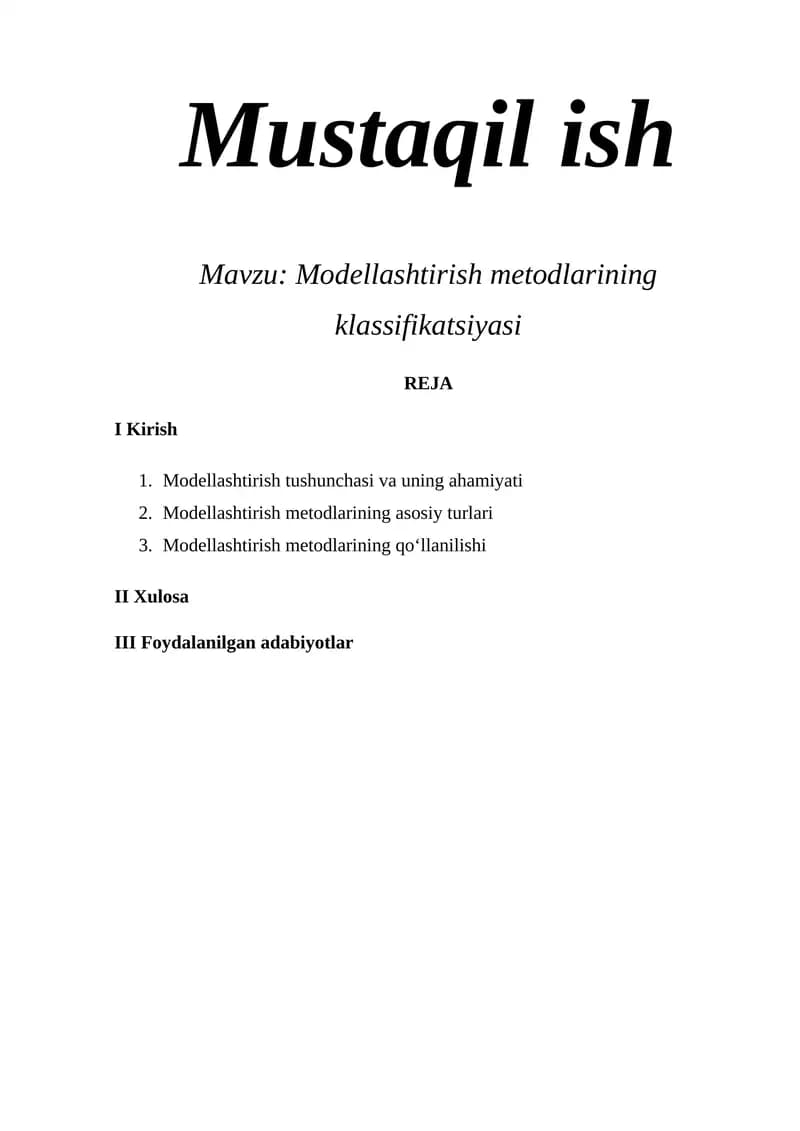 Modellashtirish metodlarining klassifikatsiyasi