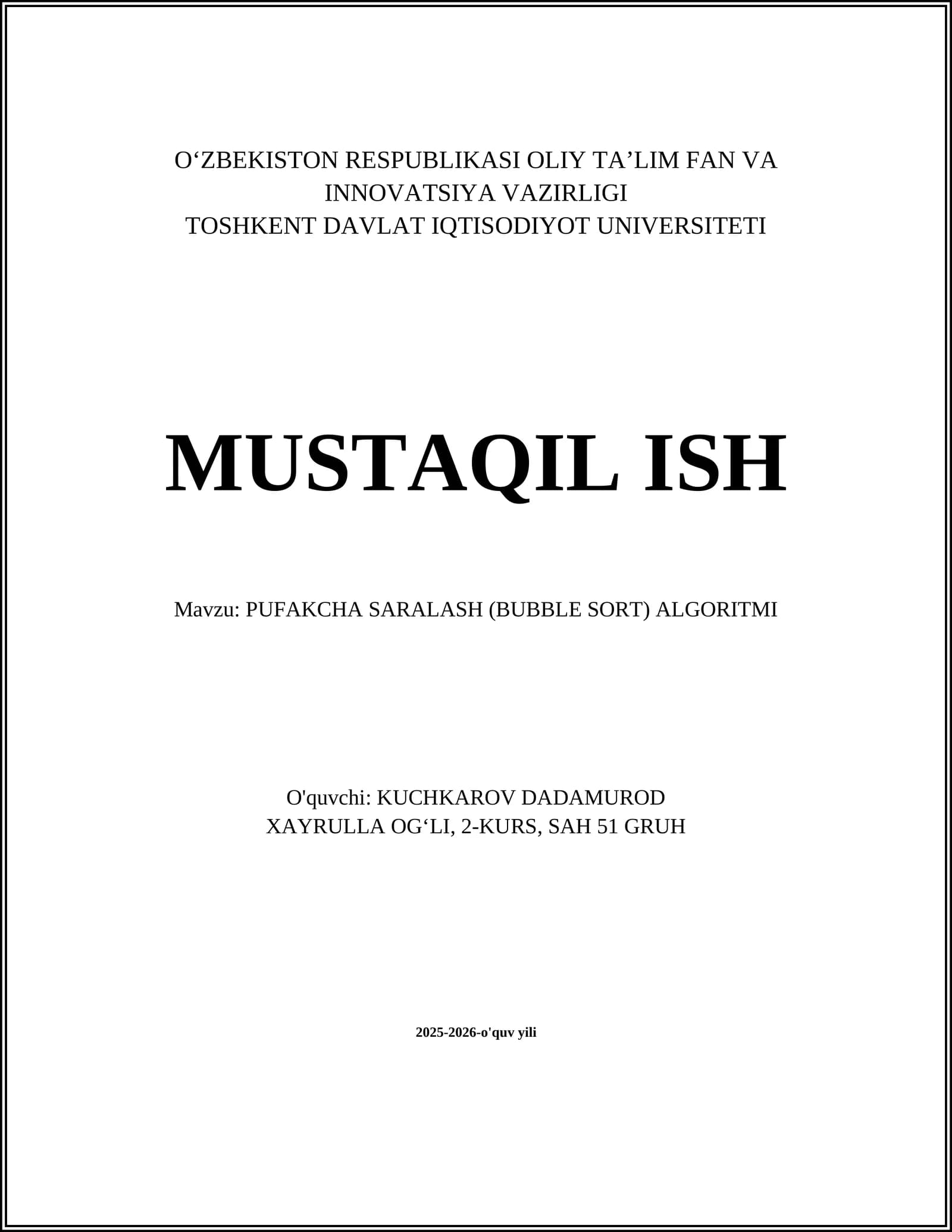 PUFAKCHA SARALASH (BUBBLE SORT) ALGORITMI