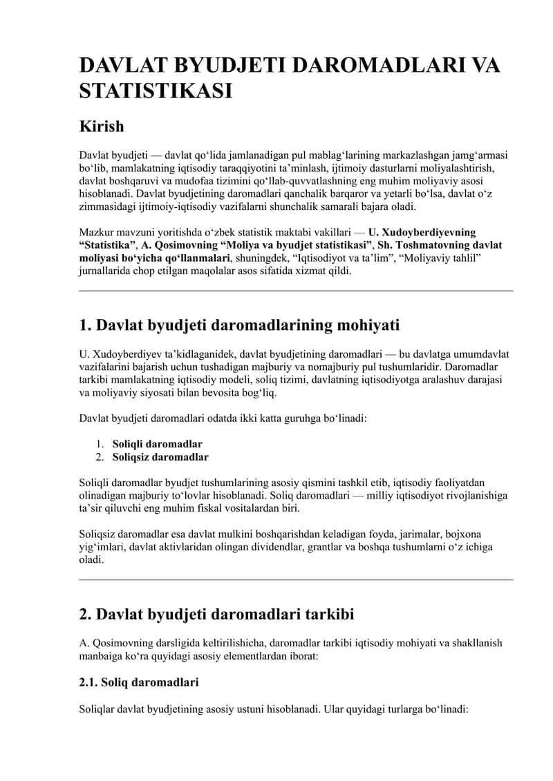 DAVLAT BYUDJETI DAROMADLARI VA STATISTIKASI