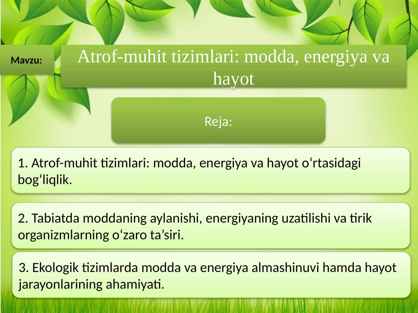 Atrof-muhit tizimlari modda, energiya va hayot