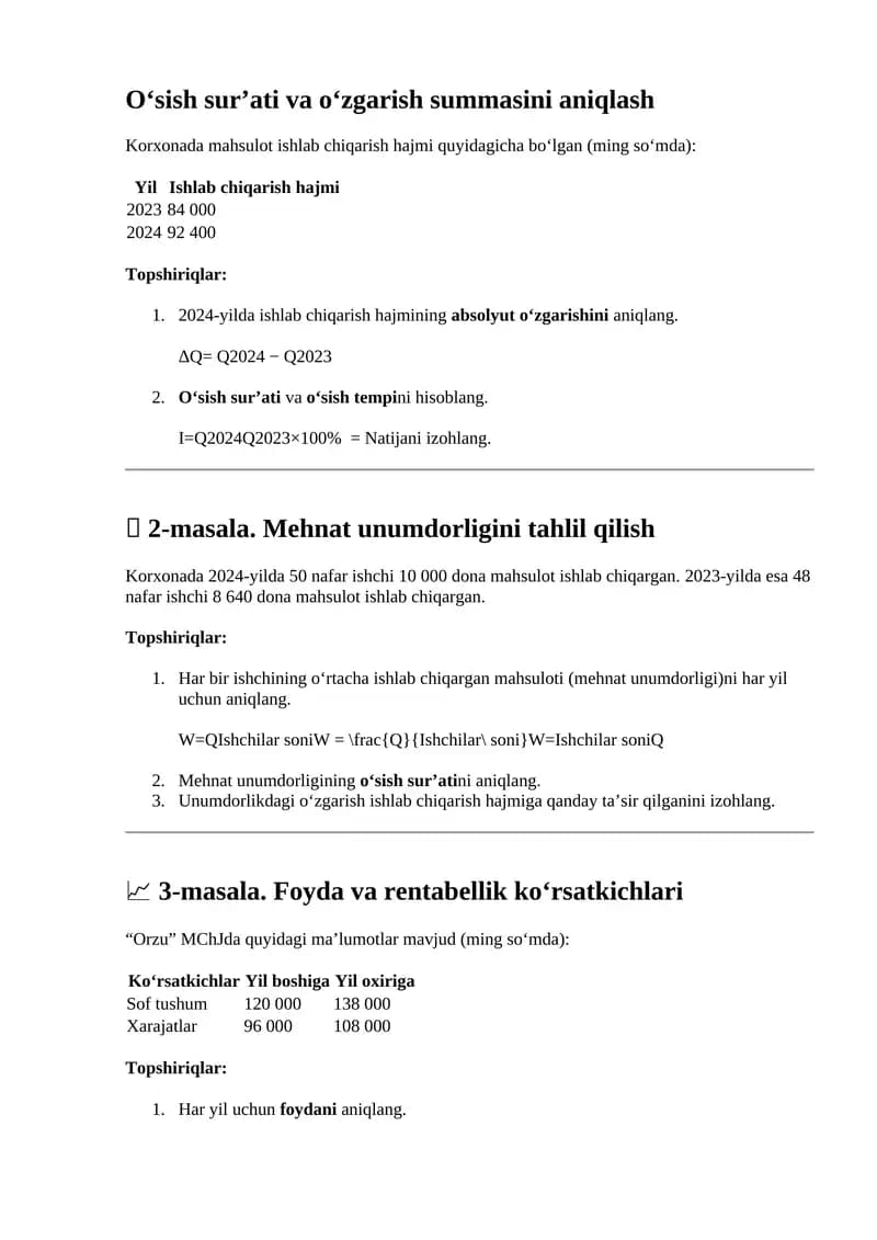 O‘sish sur’ati va o‘zgarish summasini aniqlash