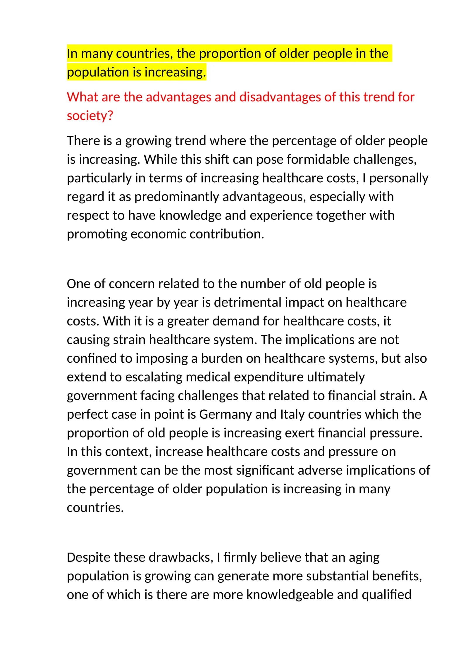 Advantages and Disadvantages of Increasing Older Population