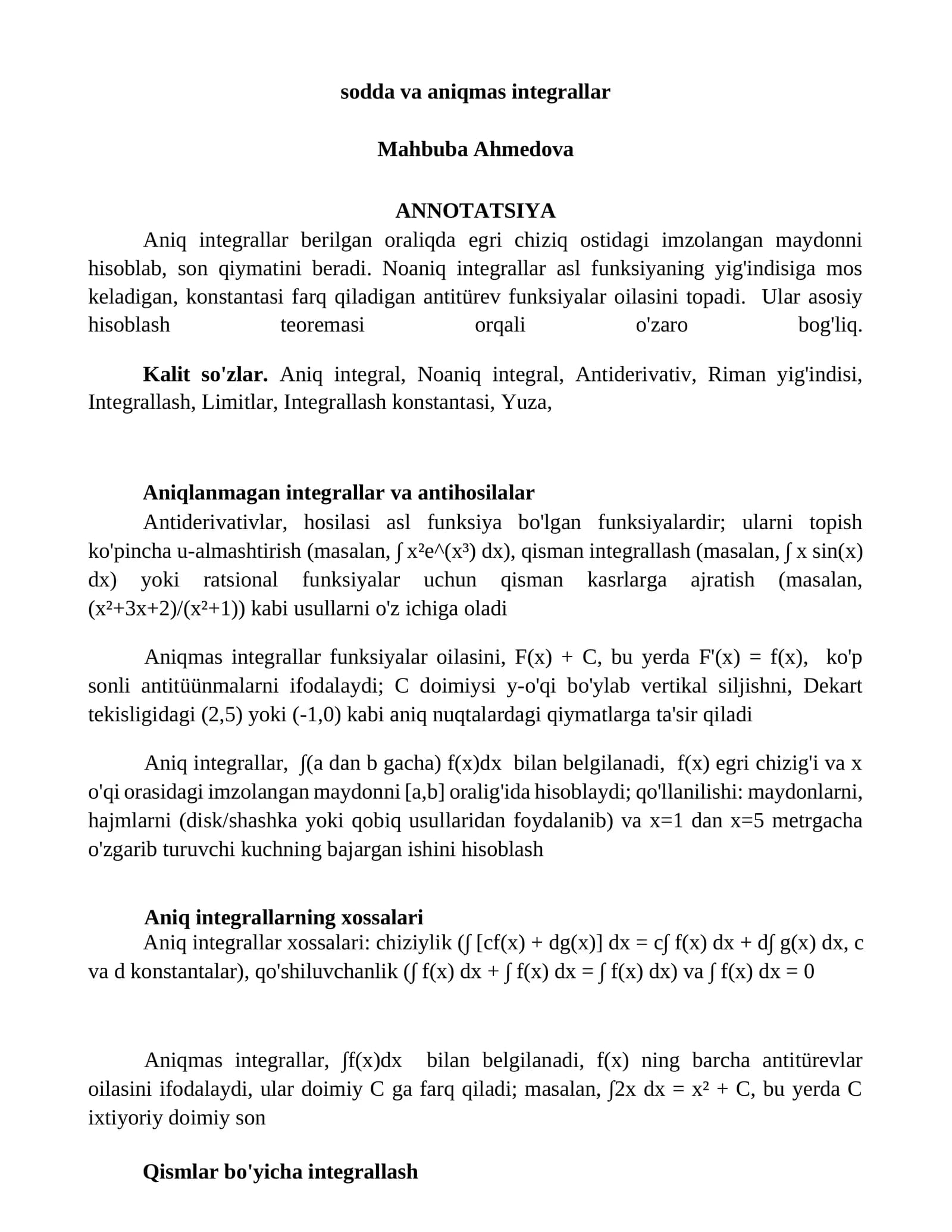 sodda va aniqmas integrallar