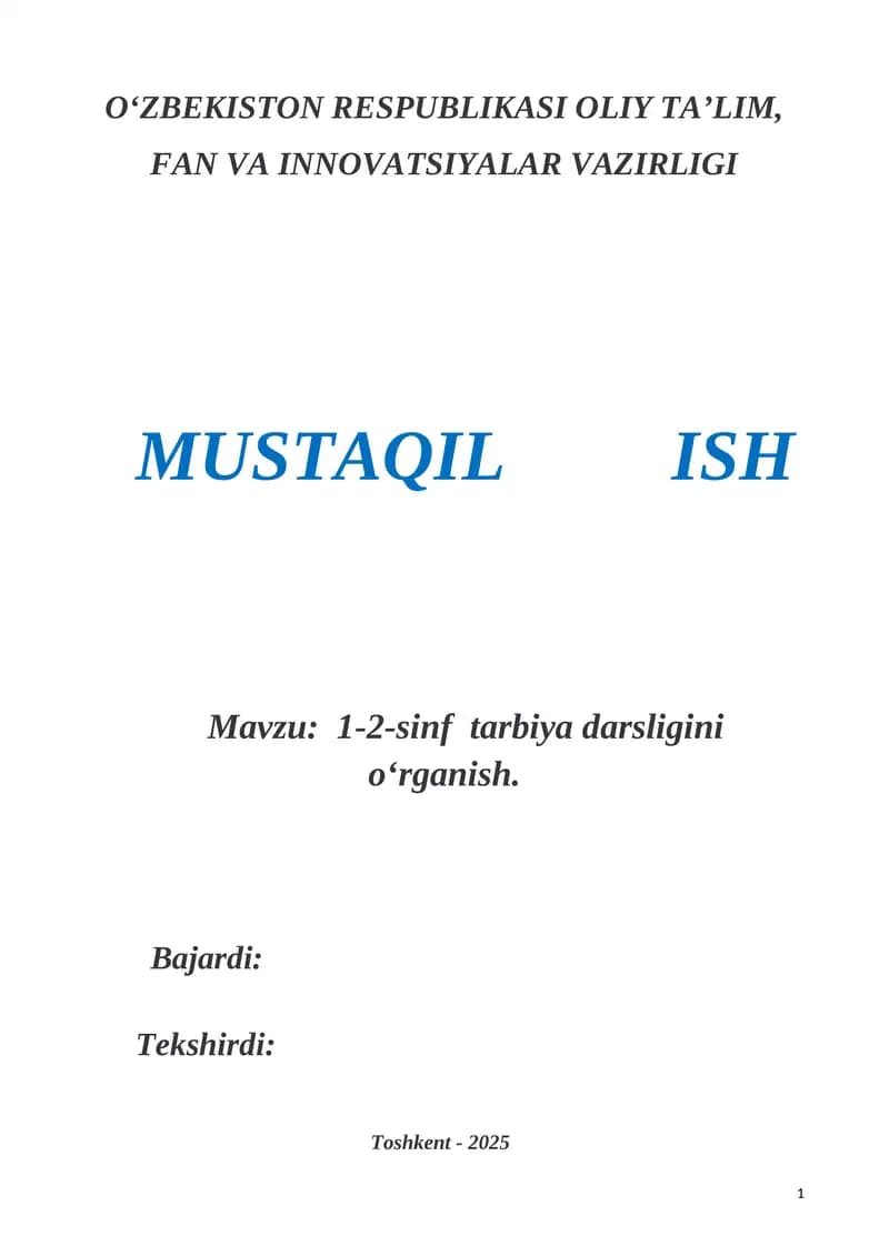 1-2-sinf tarbiya darsligini oʻrganish