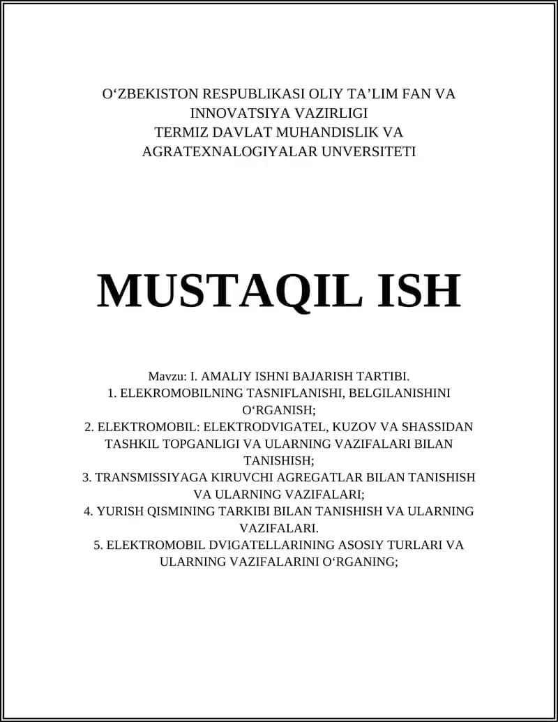 I. AMALIY ISHNI BAJARISH TARTIBI