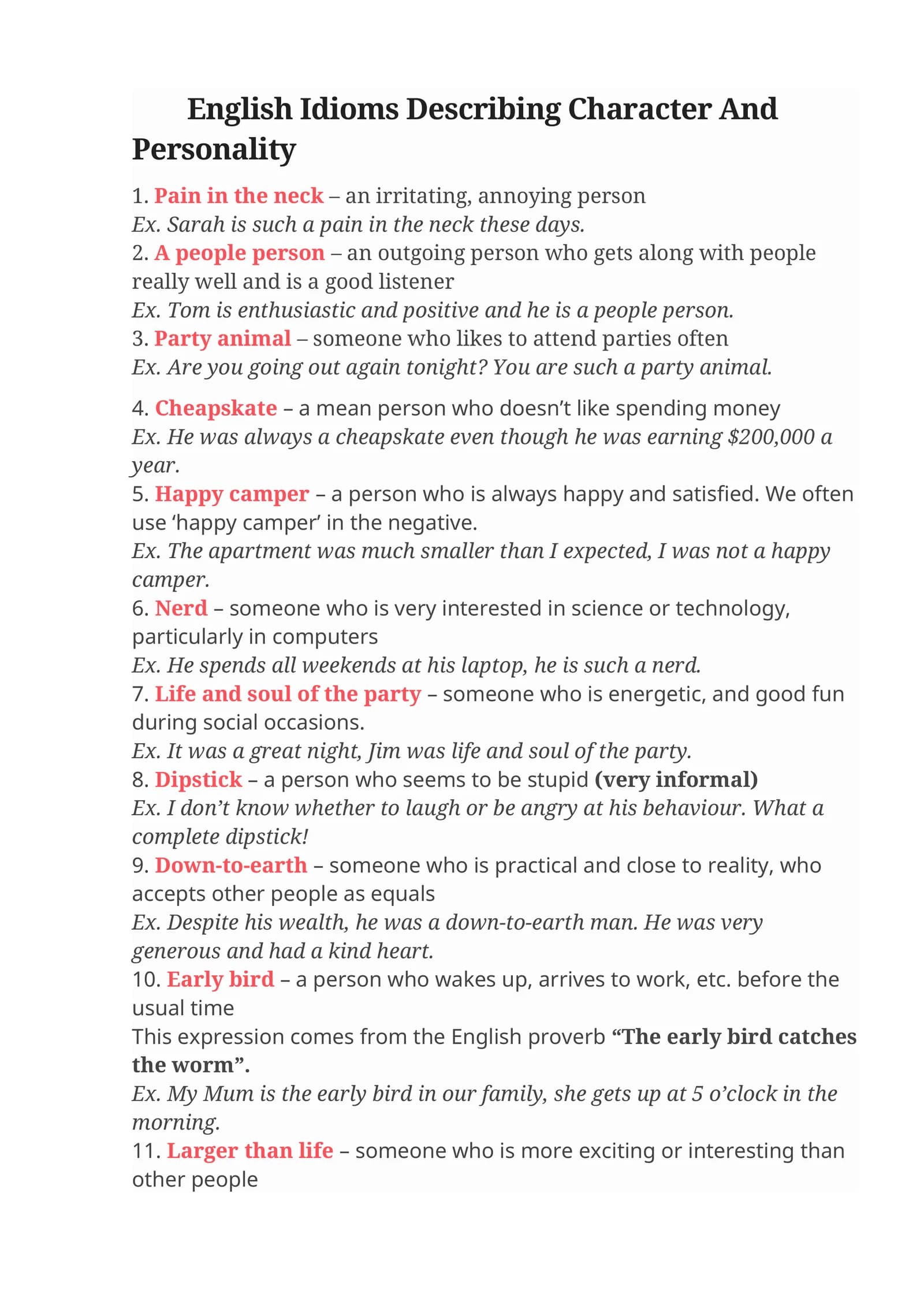 English Idioms Describing Character And Personality