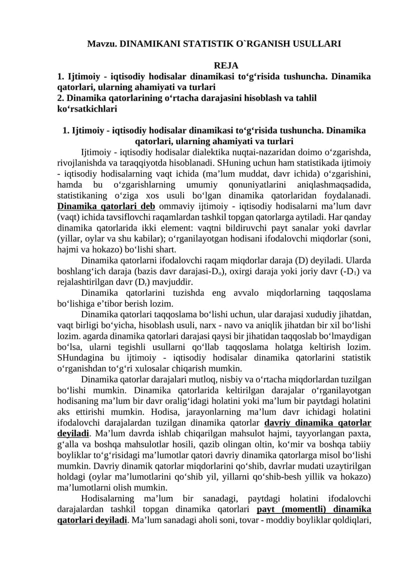 DINAMIKANI STATISTIK O`RGANISH USULLARI