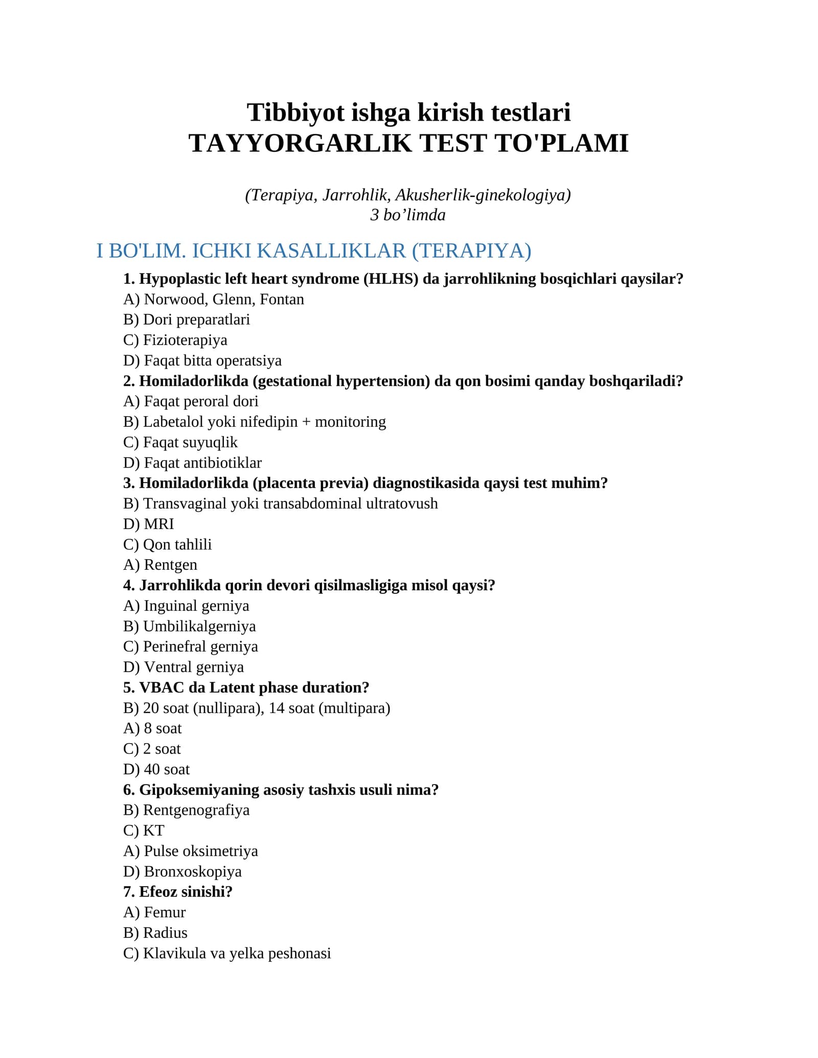 Tibbiyot ishga kirish testlari