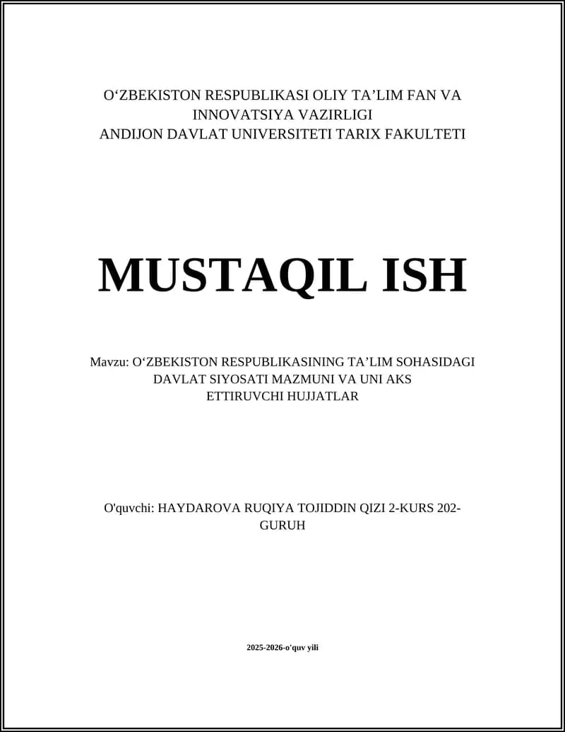 O'ZBEKISTON RESPUBLIKASI TA'LIM SOHASIDAGI DAVLAT SIYOSATI
