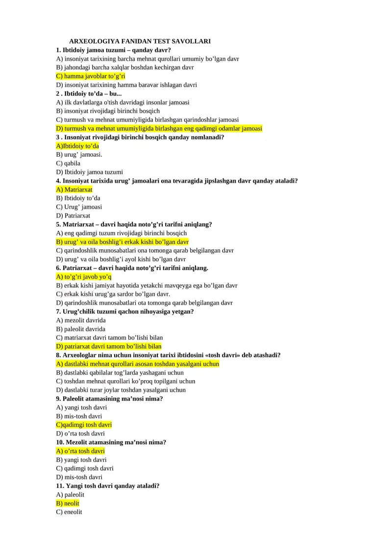 ARXEOLOGIYA FANIDAN TEST SAVOLLARI