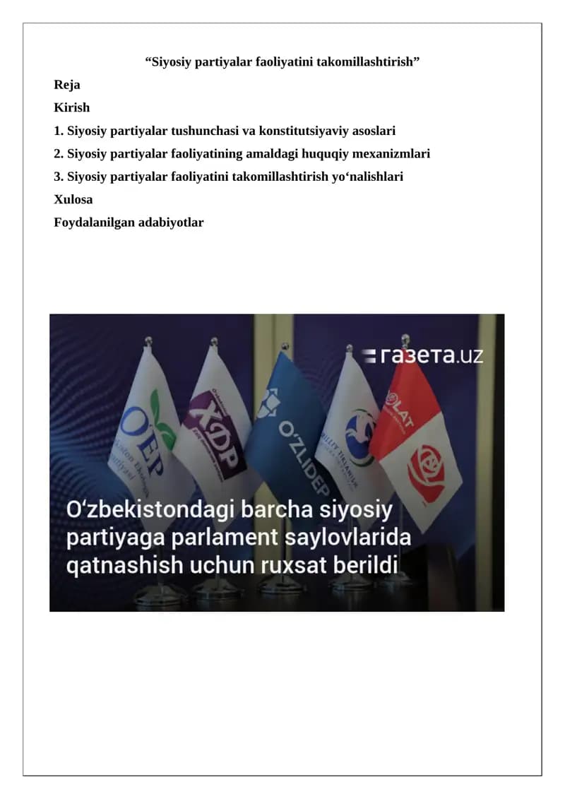 Siyosiy partiyalar faoliyatini takomillashtirish