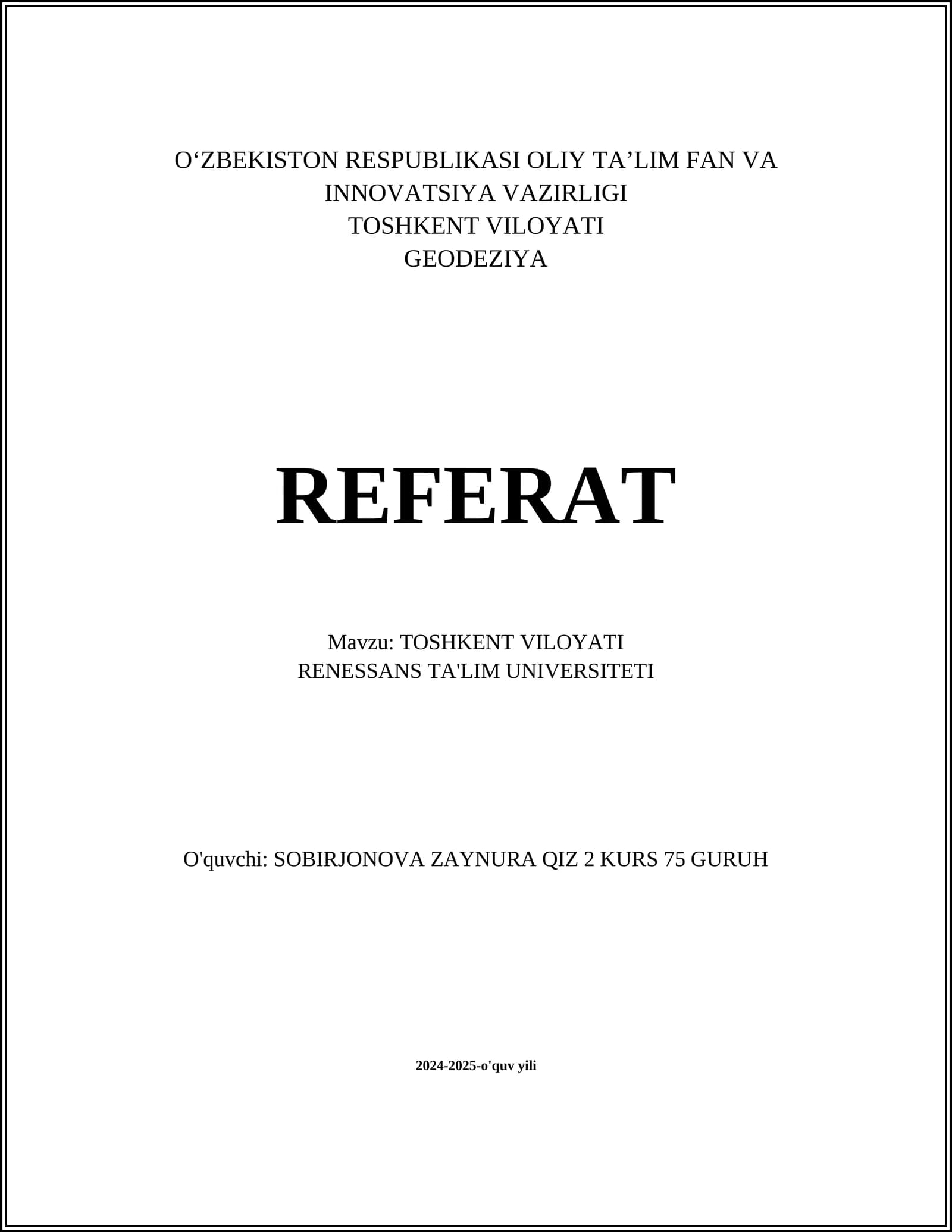 REFERAT TOSHKENT VILOYATI