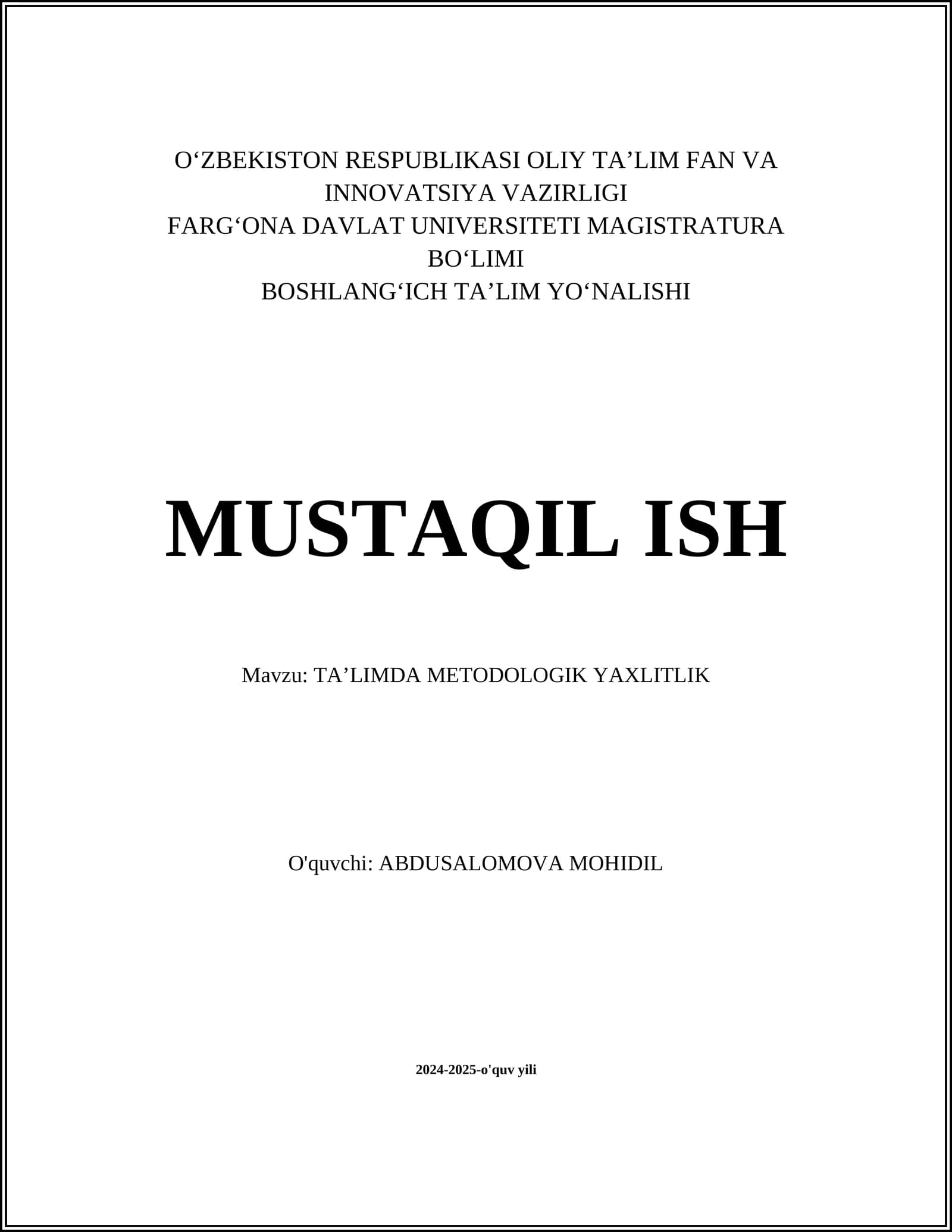 TAʼLIMDA METODOLOGIK YAXLITLIK