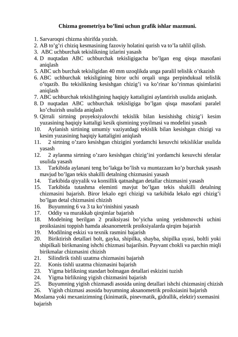 Chizma geometriya bo’limi uchun grafik ishlar mazmuni