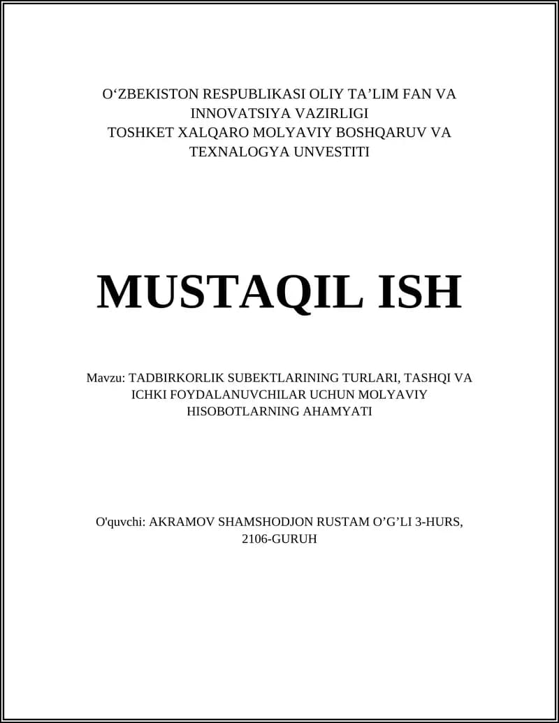 Tadbirkorlik Subyektlarining Turlari