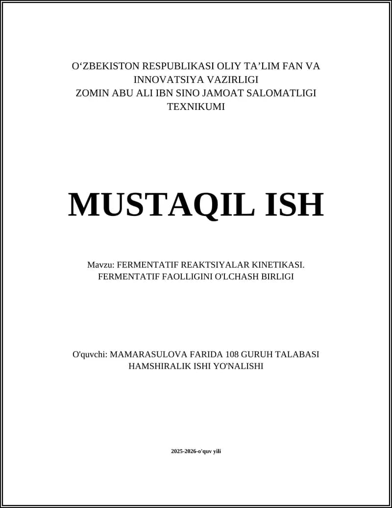 FERMENTATIF REAKTSIYALAR KINETIKASI