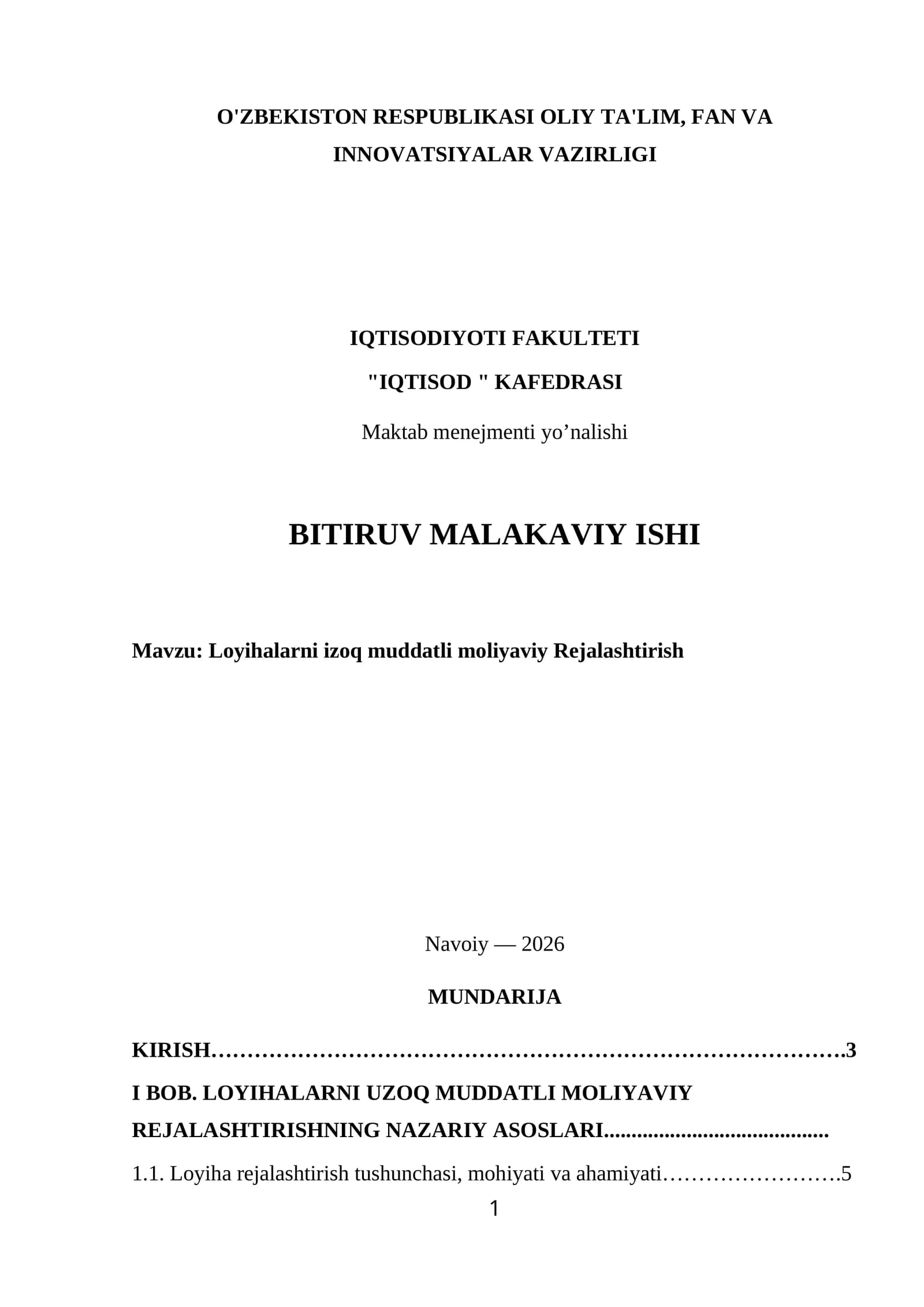 Loyihalarni izoq muddatli moliyaviy Rejalashtirish