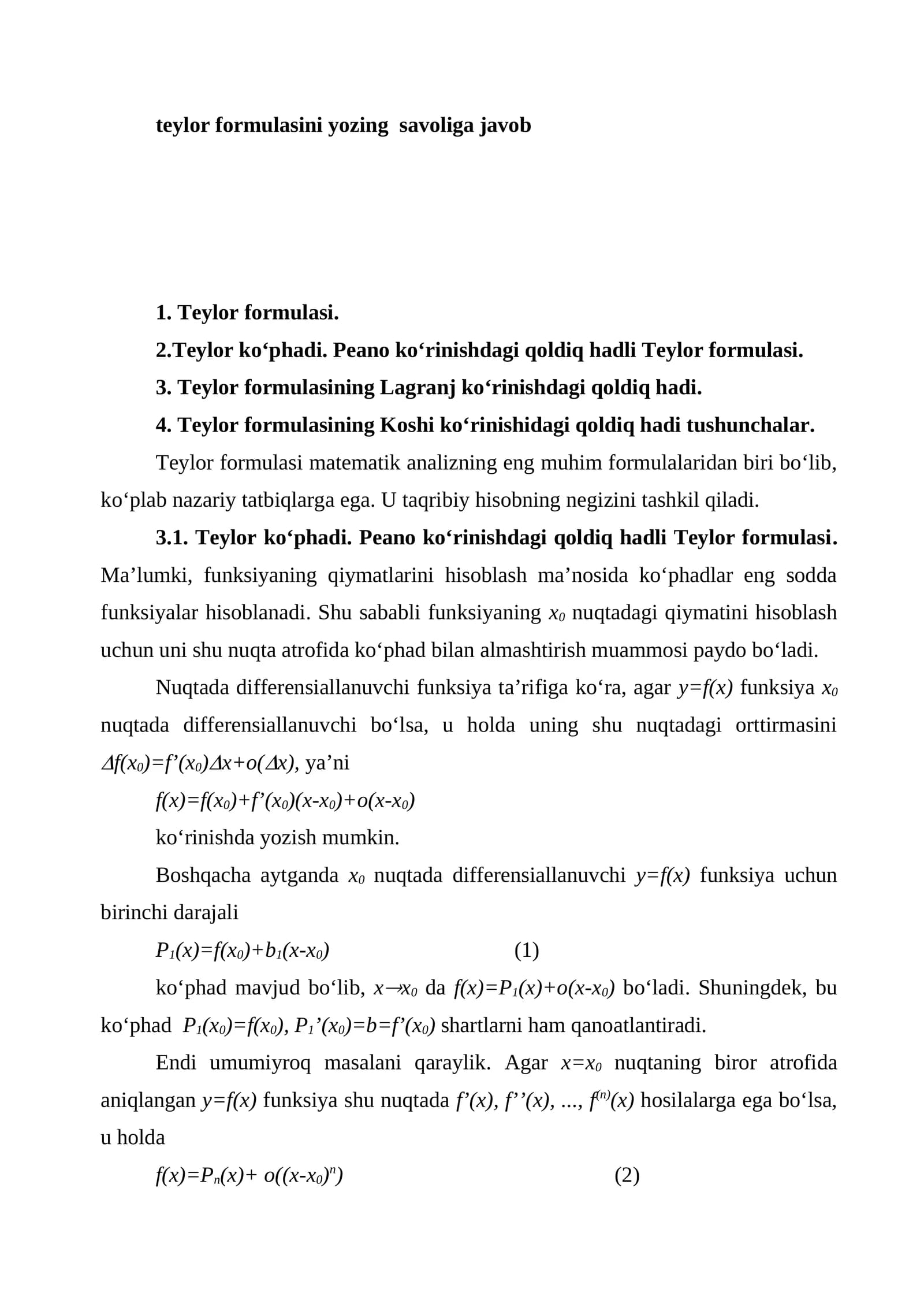 Teylor formulasi