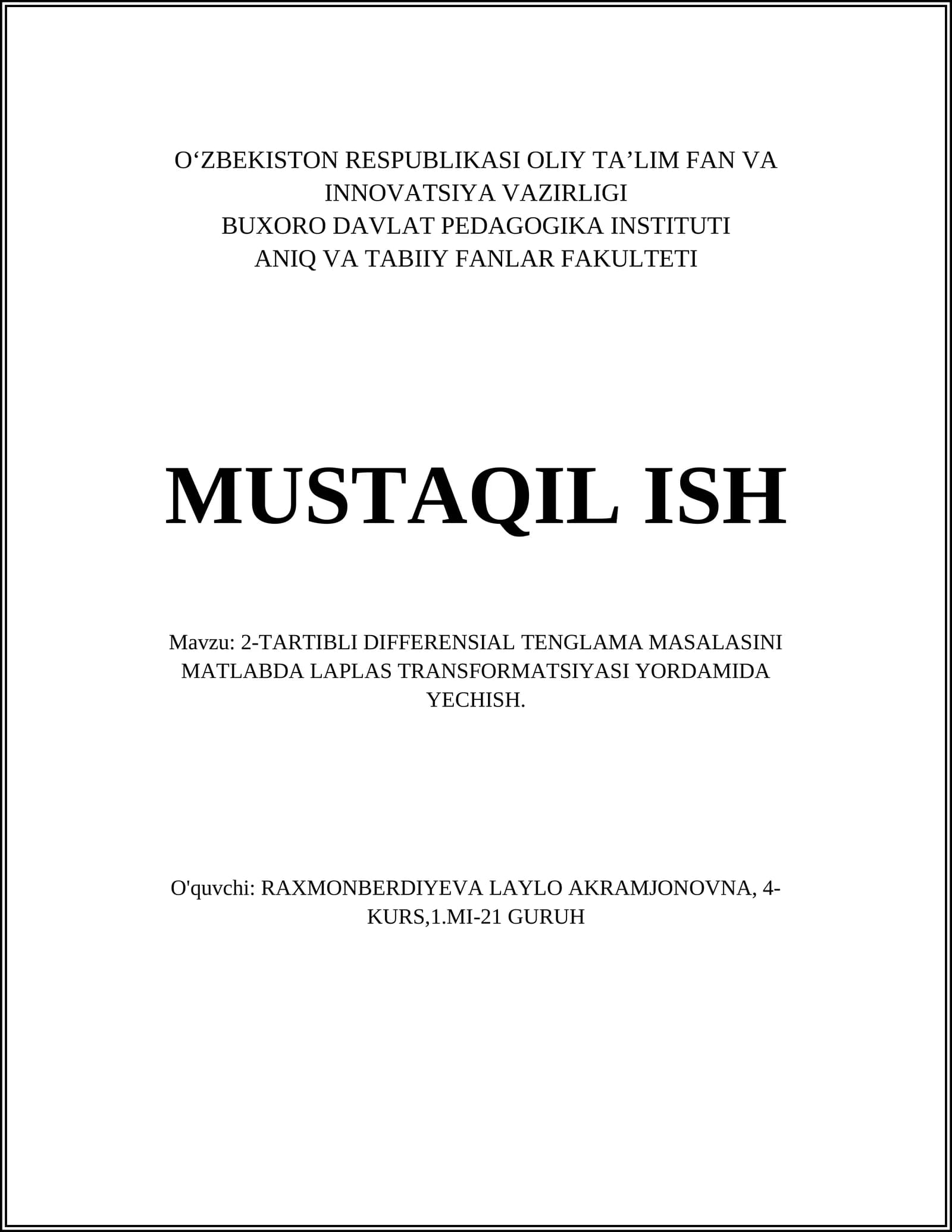TARTIBLI DIFFERENSIAL TENGLAMA MASALASI