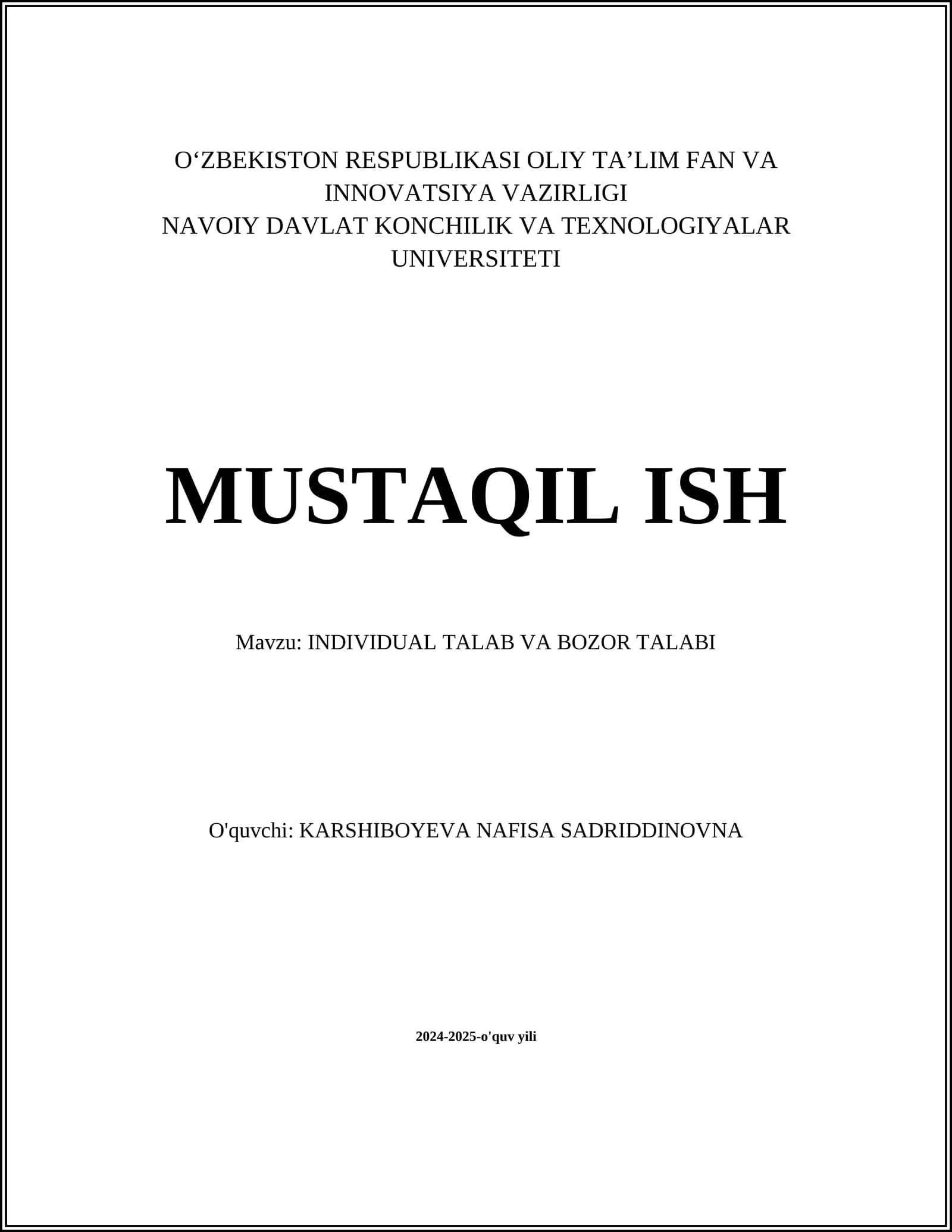 INDIVIDUAL TALAB VA BOZOR TALABI