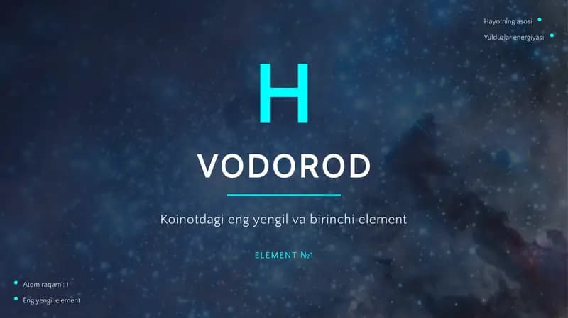 Vodorod - ya'ni Mendeleyev jadvalidagi birinchi kimyoviy modda haqidagi taqdimot.