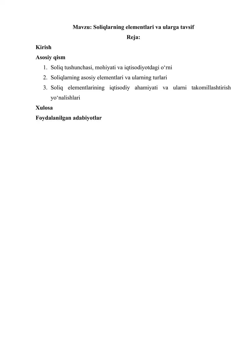 Soliqlarning elementlari va ularga tavsif