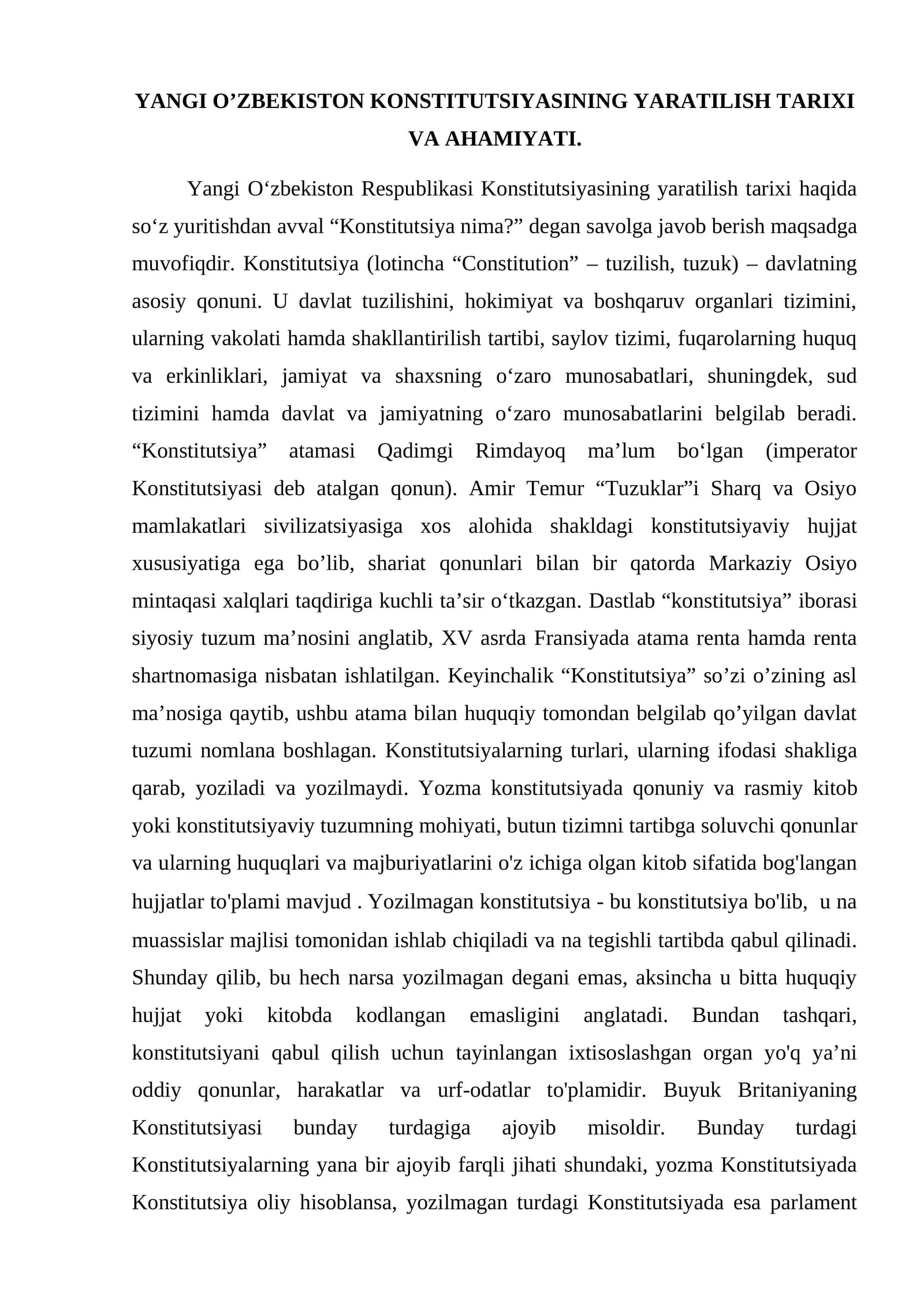 Yangi O’zbekiston Konstitutsiyasining Yaratilish Tarixi va Ahmiyati