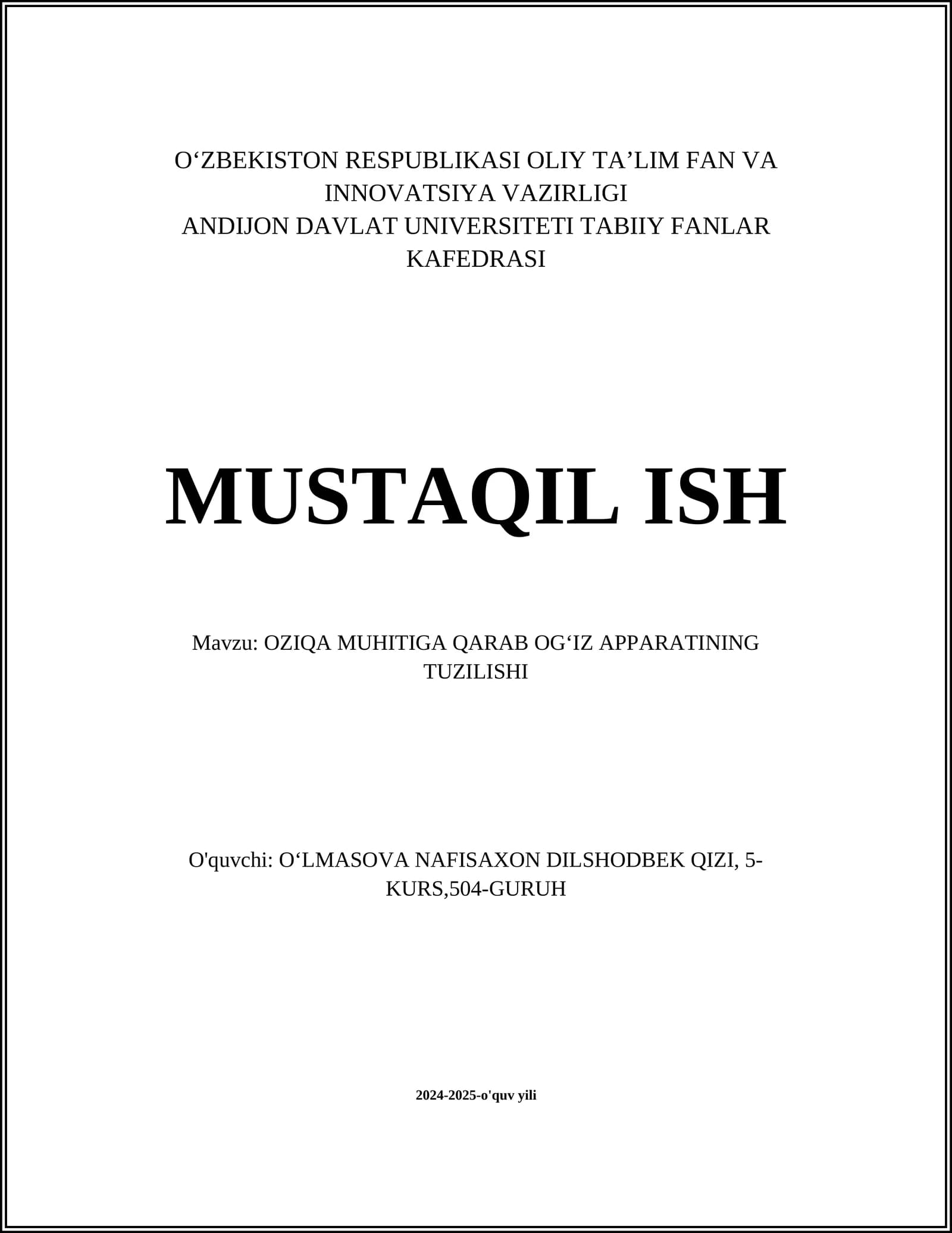 OZIQA MUHITIGA QARAB OGʻIZ APPARATINING TUZILISHI